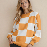 Checkered Crew Neck Sweater - Tangerine