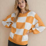 Checkered Crew Neck Sweater - Tangerine