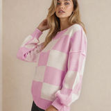 Checkered Crew Neck Sweater - Pink | Dropship