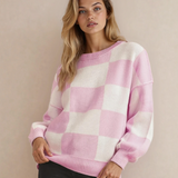 Checkered Crew Neck Sweater - Pink | Dropship