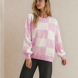 Checkered Crew Neck Sweater - Pink | Dropship