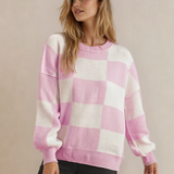 Checkered Crew Neck Sweater - Pink | Dropship
