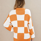 V Neck Checkered Sweater - Tangerine