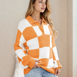 V Neck Checkered Sweater - Tangerine