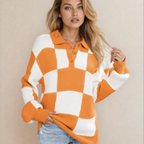 V Neck Checkered Sweater - Tangerine