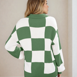 V Neck Checkered Sweater - Green