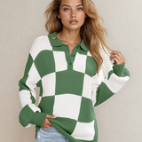 V Neck Checkered Sweater - Green