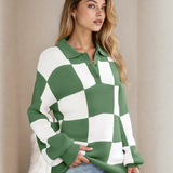 V Neck Checkered Sweater - Green