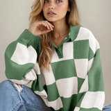 V Neck Checkered Sweater - Green
