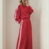 Varsity Pullover Wide Leg Pants 2pcs Outfit - Red | Dropship