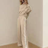 Varsity Pullover Wide Leg Pants 2pcs Outfit - Oatmeal | Dropship