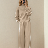 Varsity Pullover Wide Leg Pants 2pcs Outfit - Oatmeal | Dropship