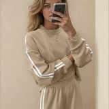 Varsity Pullover Wide Leg Pants 2pcs Outfit - Oatmeal | Dropship