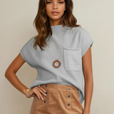 Mya Pocket Ribbed Knit Short Sleeve Sweater