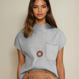 Mya Pocket Ribbed Knit Short Sleeve Sweater
