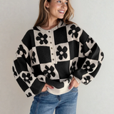 PREORDER Flower Power Checkered Henley Sweater - Black | Dropship