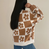 Retro Flower Plaid Henley Baggy Sweater