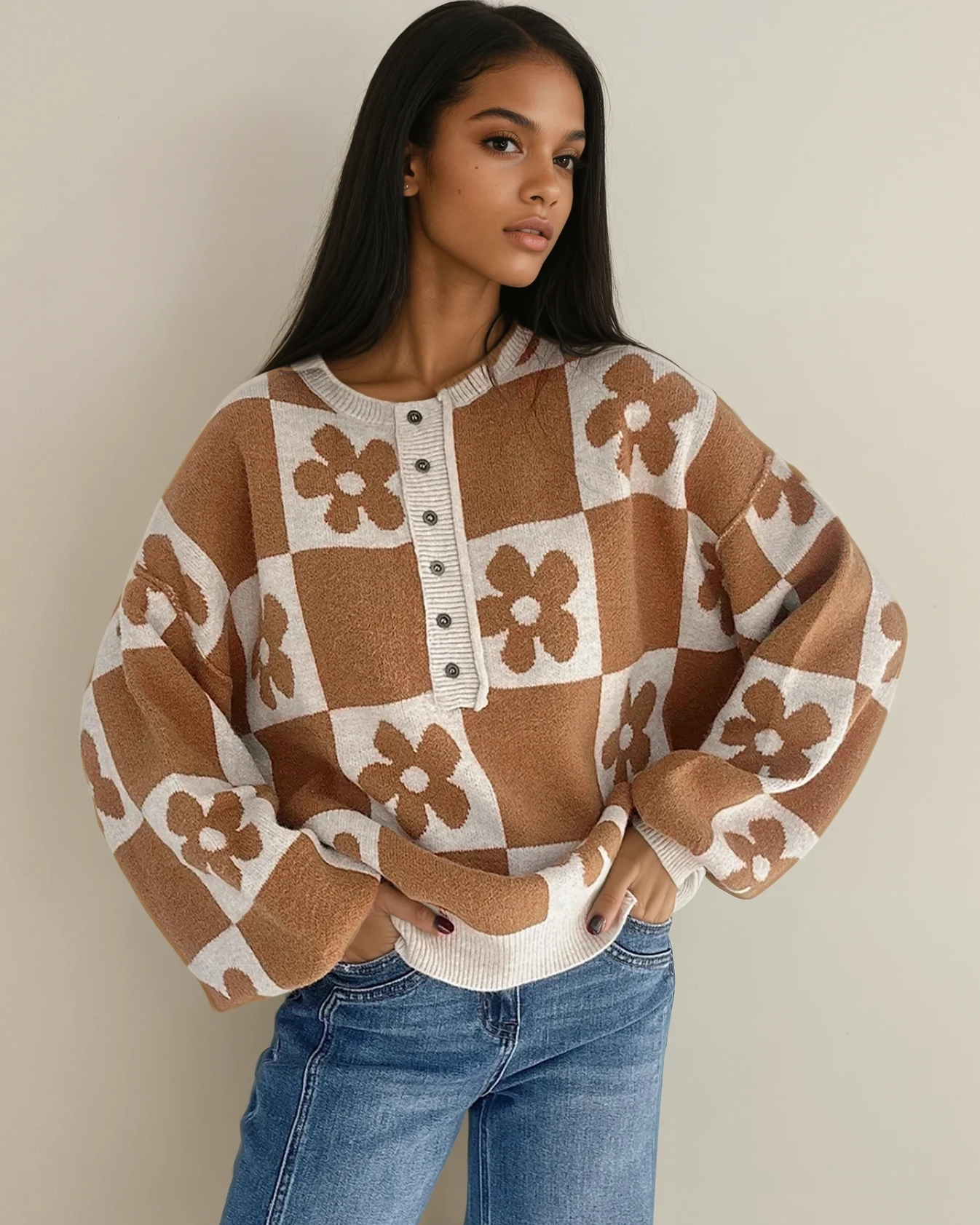 Retro Flower Plaid Henley Baggy Sweater