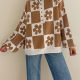 Retro Flower Plaid Henley Baggy Sweater