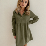 Abigail Corduroy Half Button Collared Long Sleeve Dress - Green