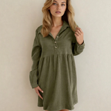 Abigail Corduroy Half Button Collared Long Sleeve Dress - Green