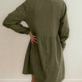 Abigail Corduroy Half Button Collared Long Sleeve Dress - Green