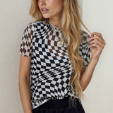 Short Sleeve Checkered Mesh Crew Neck T Shirt - Black | Dropship
