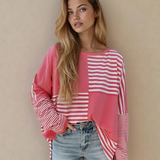 Stripe Color Block Patchwork Drop Shoulder Long Sleeve Tunic Top