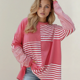 Stripe Color Block Patchwork Drop Shoulder Long Sleeve Tunic Top