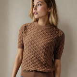 PREORDER Magnolia Textured Knit Ribbed High Neck Short Sleeve Sweater - Straw | Dropship