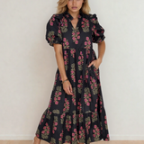 PREORDER Kali Floral Short Bubble Sleeve Tiered Maxi Dress - Black | Dropship