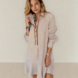 PREORDER Gracie Stripe Shirt Collar Embroidered Trim Ruffle Hem Long Sleeve Mini Dress | Dropship