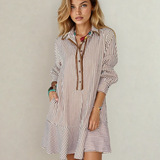 PREORDER Gracie Stripe Shirt Collar Embroidered Trim Ruffle Hem Long Sleeve Mini Dress | Dropship