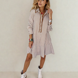 PREORDER Gracie Stripe Shirt Collar Embroidered Trim Ruffle Hem Long Sleeve Mini Dress | Dropship
