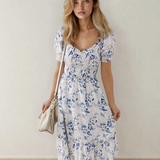 PREORDER Faith Smocked Bodice Short Puff Sleeve Tiered Floral Midi Dress | Dropship