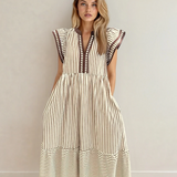 Nyla Double Ruffled Short Sleeve Contrast Trim V Neck Midi Dress - Brown | Dropship