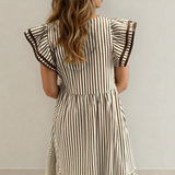 Nyla Double Ruffled Short Sleeve Contrast Trim V Neck Midi Dress - Brown | Dropship