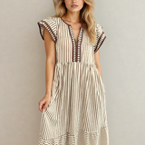 Nyla Double Ruffled Short Sleeve Contrast Trim V Neck Midi Dress - Brown | Dropship