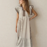 Nyla Double Ruffled Short Sleeve Contrast Trim V Neck Midi Dress - Brown | Dropship