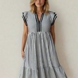 PREORDER - Nyla Double Ruffled Short Sleeve Contrast Trim V Neck Midi Dress - Black | Dropship