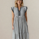 PREORDER - Nyla Double Ruffled Short Sleeve Contrast Trim V Neck Midi Dress - Black | Dropship