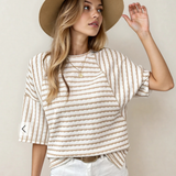 Noelle Stripe Textured Knit Split Hem Half Sleeve Loose Top