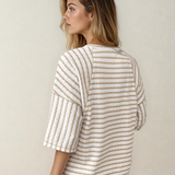 Noelle Stripe Textured Knit Split Hem Half Sleeve Loose Top
