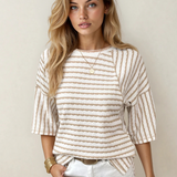 Noelle Stripe Textured Knit Split Hem Half Sleeve Loose Top