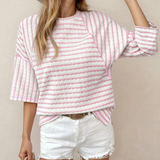 Noelle Stripe Textured Knit Split Hem Half Sleeve Loose Top