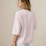 Noelle Stripe Textured Knit Split Hem Half Sleeve Loose Top