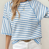 Noelle Stripe Textured Knit Split Hem Half Sleeve Loose Top