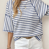Noelle Stripe Textured Knit Split Hem Half Sleeve Loose Top
