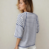 Noelle Stripe Textured Knit Split Hem Half Sleeve Loose Top
