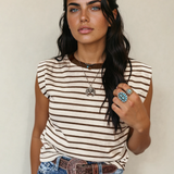 Serena Stripe Ribbed Round Neck Trim Loose Tank Top - Brown
